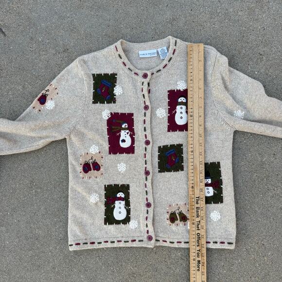 VTG Petite Rustic Cabincore Snowman Patchwork Christmas Cardigan Sweater MEDIUM - Picture 7 of 8